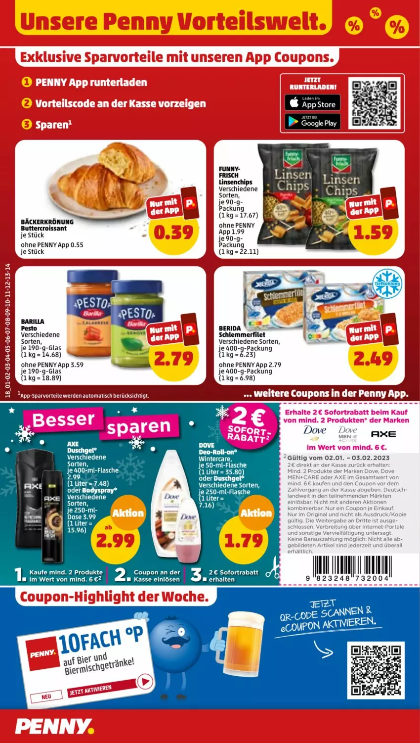 Aktueller Prospekt Penny - Prospekte - von 16.01 bis 21.01.2023 - strona 18 - produkty: axe, axe duschgel, barilla, body, bodyspray, Brei, butter, chips, coupon, Croissant, dove, duschgel, filet, flasche, gin, linsen, pesto, schlemmerfilet, sofortrabatt, Ti