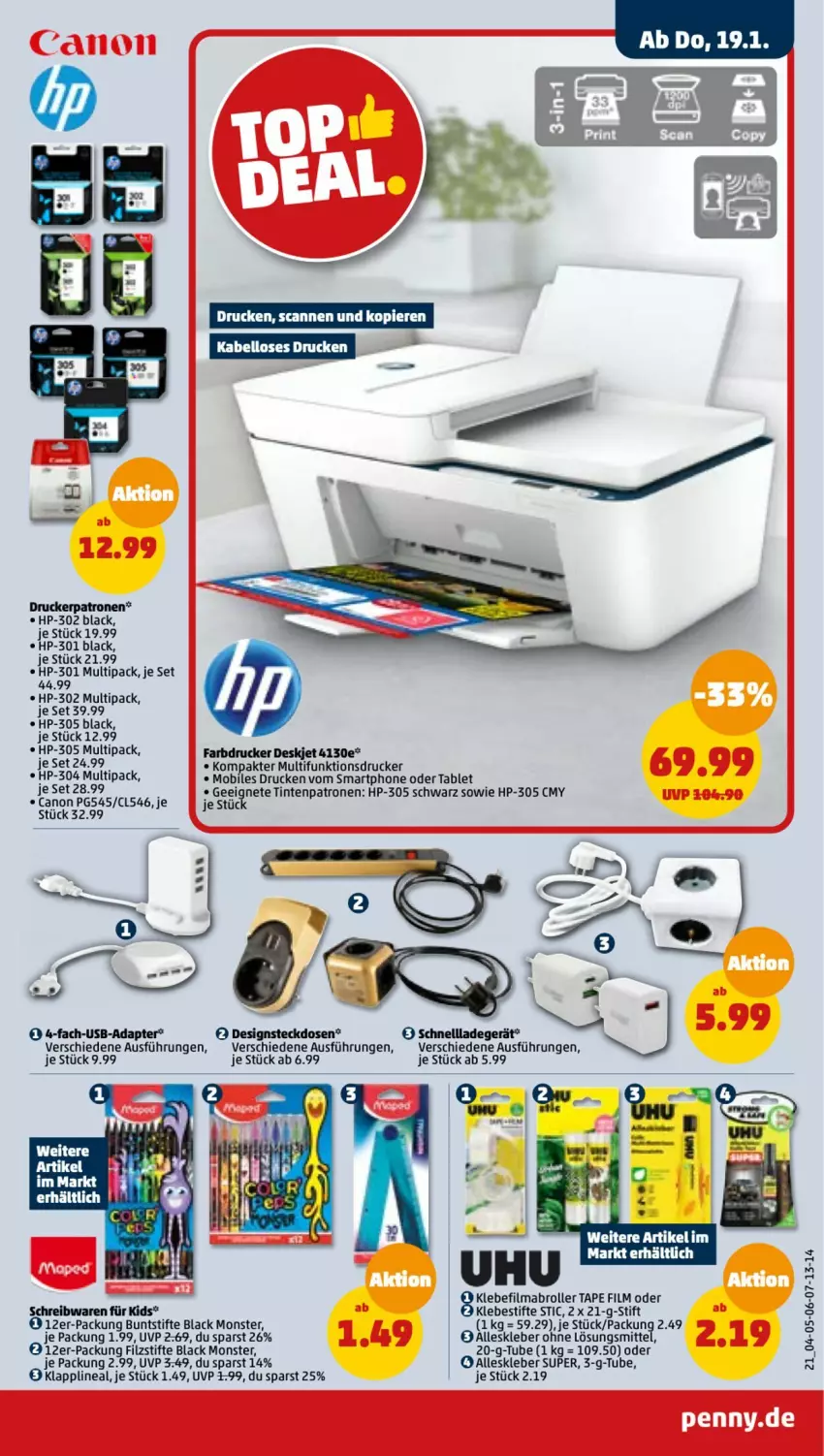 Aktueller Prospekt Penny - Prospekte - von 16.01 bis 21.01.2023 - strona 21 - produkty: adapter, buntstifte, canon, drucker, HP, kleber, lack, ladegerät, mab, monster, multifunktionsdrucker, Roller, schnellladegerät, schreibwaren, smartphone, steckdose, stifte, tablet, Ti, Tintenpatrone, usb