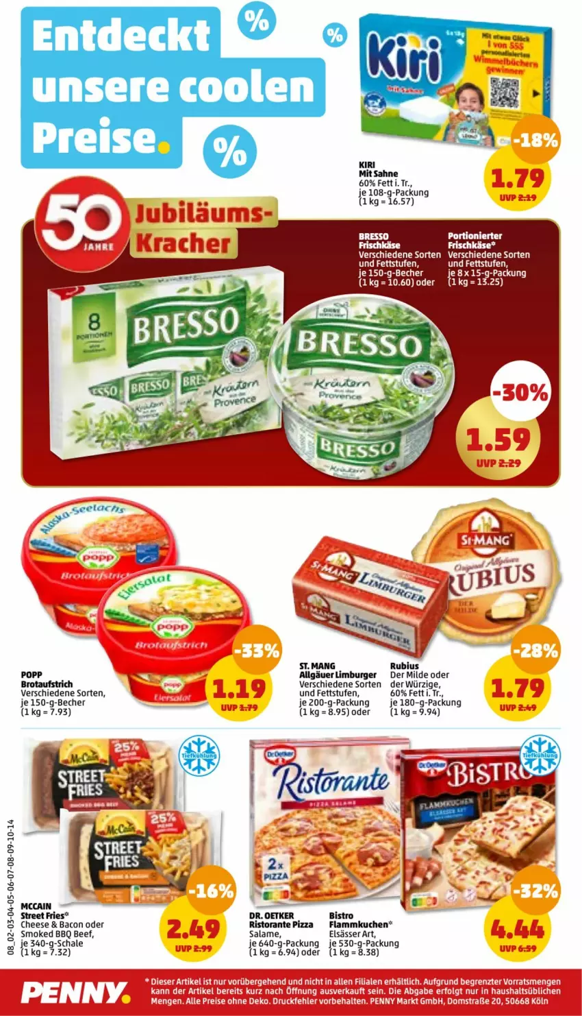 Aktueller Prospekt Penny - Prospekte - von 16.01 bis 21.01.2023 - strona 8 - produkty: aufstrich, bacon, Becher, beef, bresso, brot, brotaufstrich, burger, Dr. Oetker, eis, elsässer art, flammkuchen, frischkäse, Käse, kiri, kuchen, lamm, LG, Limburger, mccain, pizza, Popp, reis, ristorante, ristorante pizza, Rubius, sahne, Schal, Schale, St. Mang, Ti