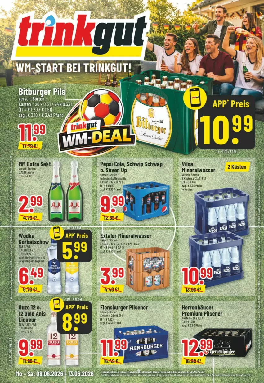 Aktueller Prospekt Trinkgut - Prospekte - von 07.06 bis 13.06.2026 - strona 1 - produkty: Alwa, burger, cola, eis, Extaler, flensburger, mineralwasser, mm extra, pepsi, Pepsi Cola, pils, pilsener, premium pils, sekt, Ti, vilsa, wasser
