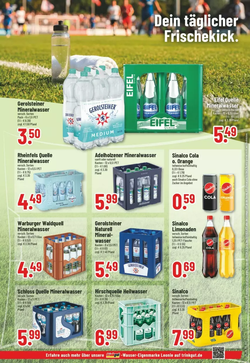 Aktueller Prospekt Trinkgut - Prospekte - von 07.06 bis 13.06.2026 - strona 3 - produkty: adelholzener, Alwa, angebot, burger, cola, eis, elle, flasche, gerolsteine, gerolsteiner, Holz, limo, limonade, limonaden, mineralwasser, natur, orange, pet-flasche, rel, rheinfels quelle, sinalco, steiner, Ti, wasser, zucker