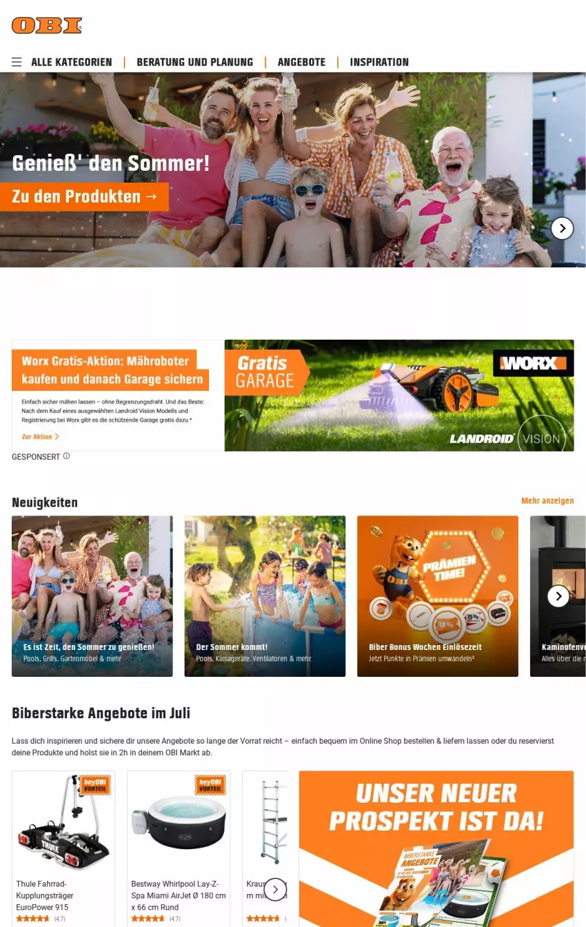 Aktueller Prospekt Obi - Prospekte - von 09.07 bis 17.07.2024 - strona 1 - produkty: angebot, angebote, bestway, dell, Draht, elle, Fahrrad, Kamin, Kaminofen, Mode, Ofen, pool, Schütze, Thule, Ti, Whirlpool