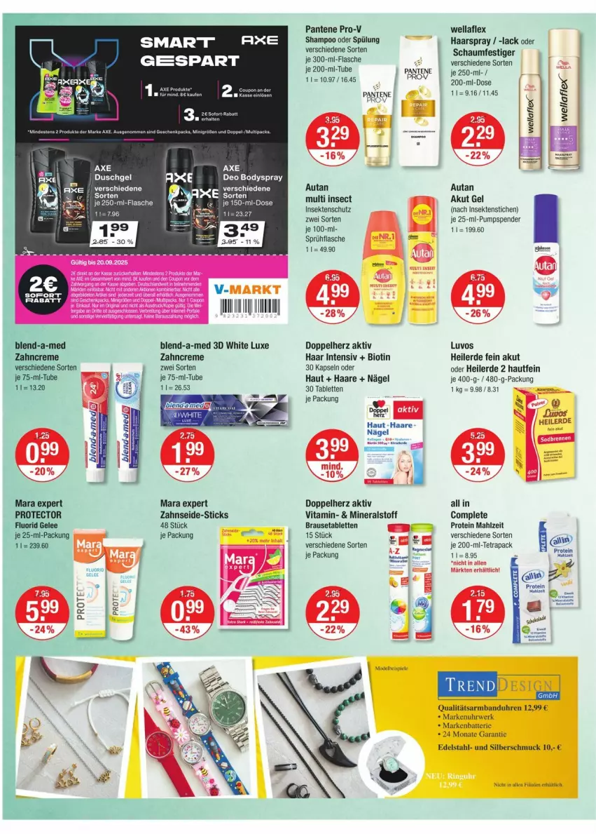 Aktueller Prospekt Vmarkt - Prospekte - von 28.08 bis 03.09.2025 - strona 10 - produkty: Armband, Armbanduhr, Autan, axe, batterie, bio, blend-a-med, body, bodyspray, brause, Brausetabletten, creme, deo, doppelherz, duschgel, edelstahl, eis, ente, erde, flasche, gelee, haarspray, insektenschutz, lack, Manta, pantene, pantene pro-v, pro-v, rwe, schaumfestiger, Schmuck, sekt, shampoo, shampoo oder spülung, sprühflasche, spülung, tablet, tablett, Tablette, tee, Ti, uhr, vita, Wella, wellaflex, zahncreme, Zahnseide