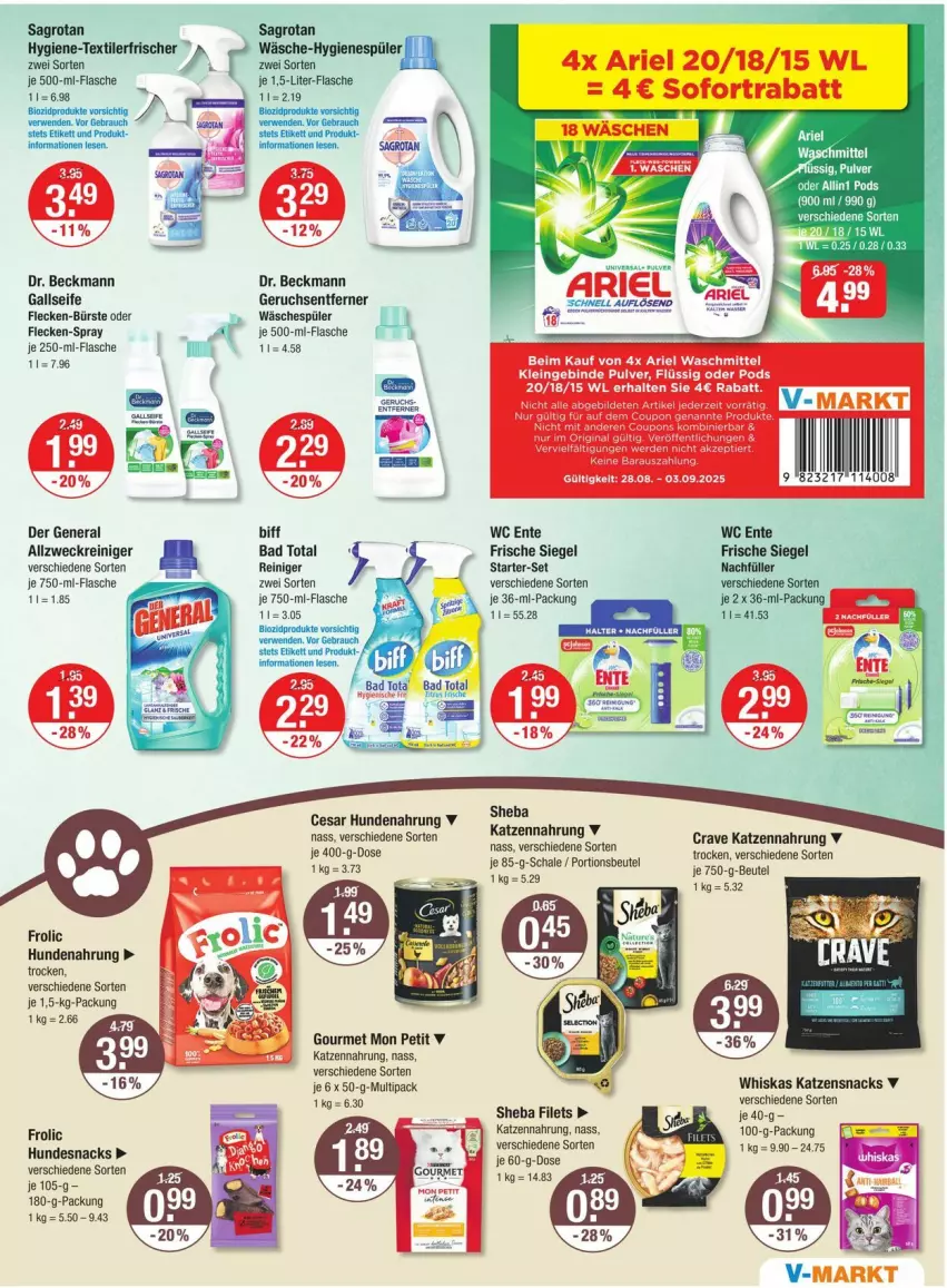 Aktueller Prospekt Vmarkt - Prospekte - von 28.08 bis 03.09.2025 - strona 11 - produkty: allzweckreiniger, Bad, beutel, biff, bio, biozidprodukte, bürste, Dr. Beckmann, ente, filet, filets, flasche, frolic, hundenahrung, hundesnack, hundesnacks, hygienespüler, katzennahrung, katzensnack, katzensnacks, portionsbeutel, Rauch, reiniger, sagrotan, Schal, Schale, Seife, sheba, snack, snacks, tee, Ti, weck, whiskas
