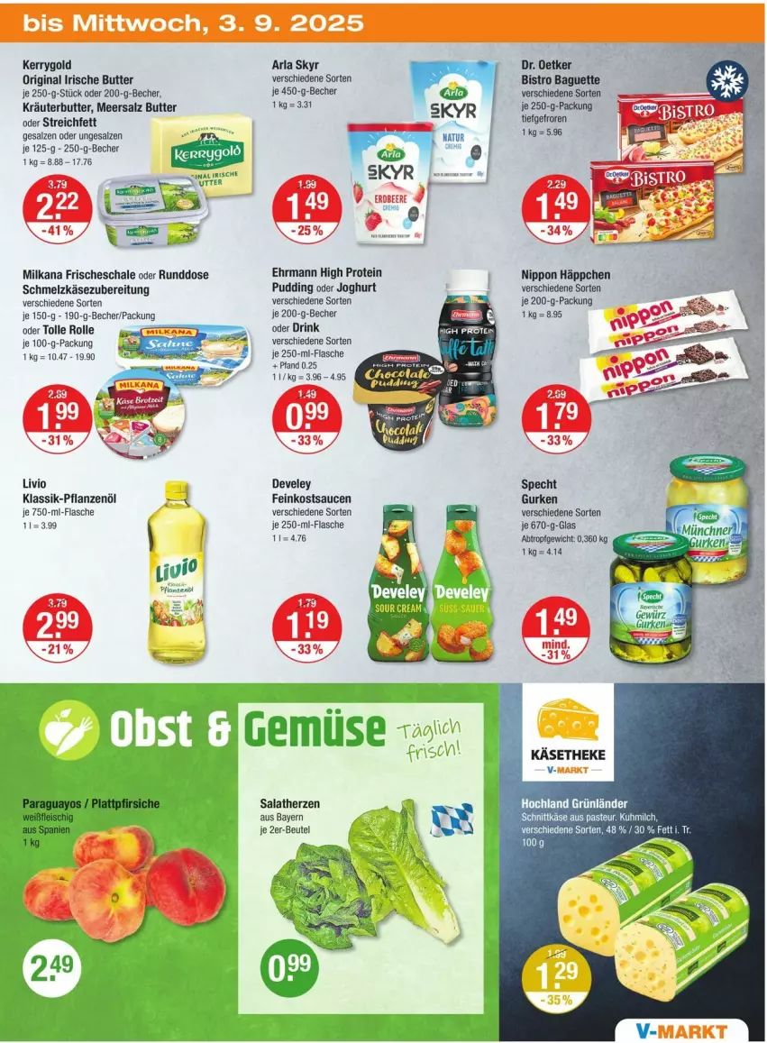 Aktueller Prospekt Vmarkt - Prospekte - von 28.08 bis 03.09.2025 - strona 19 - produkty: arla, arla skyr, baguette, Becher, beutel, Bistro Baguette, butter, develey, Dr. Oetker, drink, ehrmann, feinkost, flasche, gin, grünländer, hochland, irische butter, je 250-g-packung, joghur, joghurt, Käse, käsetheke, kerrygold, kräuter, kräuterbutter, meersalz, milch, milka, milkana, nippon, pflanze, pflanzen, Pflanzenöl, pudding, salat, salatherzen, salz, sauce, saucen, Schal, Schale, Schmelzkäse, schmelzkäsezubereitung, schnittkäse, Skyr, Ti