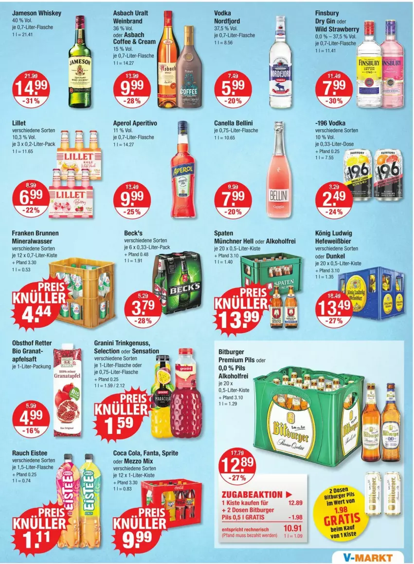 Aktueller Prospekt Vmarkt - Prospekte - von 28.08 bis 03.09.2025 - strona 9 - produkty: alkohol, Alwa, aperol, apfel, apfelsaft, asbach uralt, beck's, bier, bio, bitburger, brunnen, burger, cola, dry gin, eis, eistee, erde, fanta, finsbury, flasche, franken brunnen, gin, grana, granini, Hefe, jameson, je 1-liter-flasche, lillet, Mezzo Mix, mineralwasser, nuss, obst, pils, premium pils, Rana, Rauch, reis, saft, Spaten, sprite, tee, Ti, vodka, wasser, wein, weinbrand, whiskey, Wild