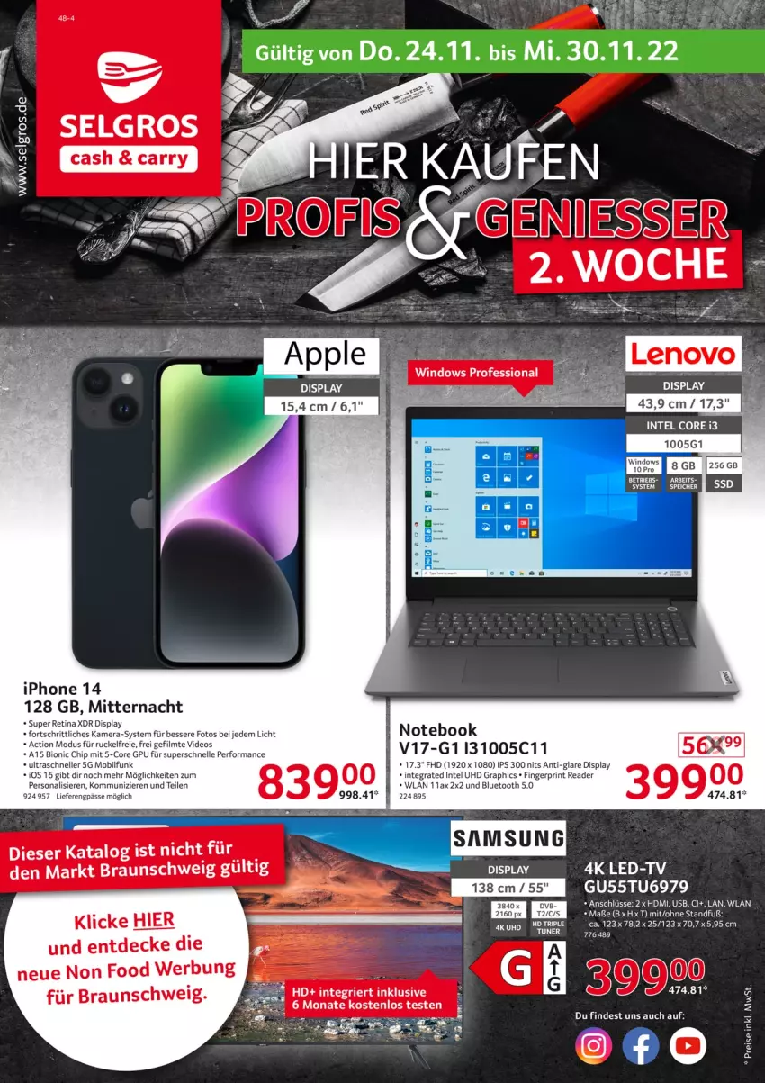 Aktueller Prospekt Selgros - Non Food - von 24.11 bis 30.11.2022 - strona 1 - produkty: bio, braun, decke, deo, eis, elle, HD Graphics, HDMI, Intel, iphone, kamera, lenovo, LG, Persona, reis, Telcor, Ti, uhd, usb