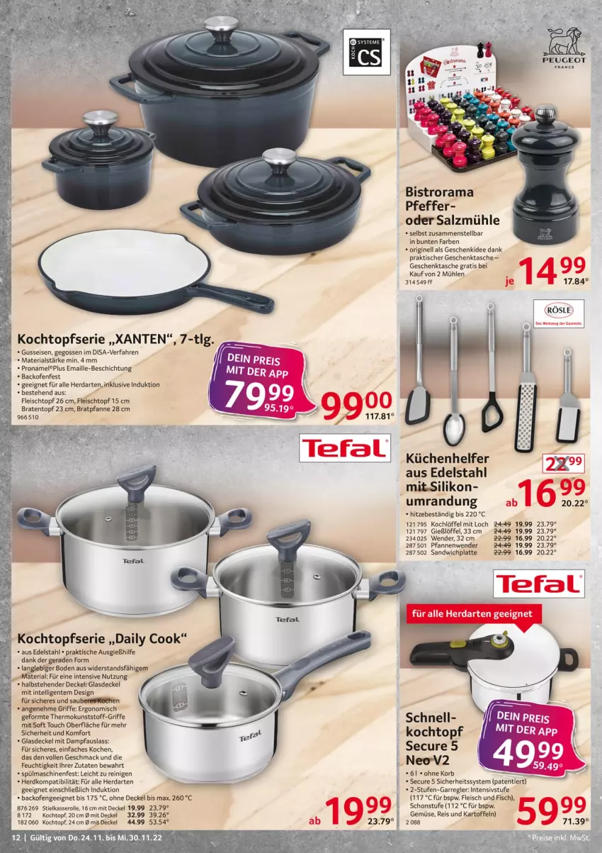 Aktueller Prospekt Selgros - Non Food - von 24.11 bis 30.11.2022 - strona 12 - produkty: backofen, braten, Bratentopf, bratpfanne, decke, Deckel, edelstahl, eis, ente, fisch, fleisch, Fleischtopf, Geschenktasche, gin, Glasdeckel, herdarten, HP, Intel, kartoffel, kartoffeln, Kochlöffel, Kochtopf, korb, küche, Küchen, Küchenhelfer, latte, Löffel, mac, maille, Ofen, pfanne, pfannen, Pfannenwender, Pfau, pfeffer, rama, reis, Ria, salz, Salzmühle, sandwich, spülmaschinen, stielkasserolle, Tasche, tefal, Ti, tisch, topf, werkzeug