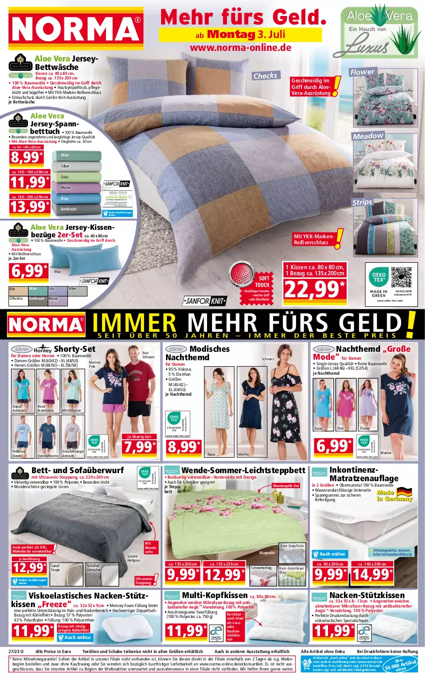 Aktueller Prospekt Norma - Norma - von 03.07 bis 10.07.2023 - strona 1 - produkty: aeg, aloe vera, aqua, asti, Bau, baumwolle, Bebe, beere, bett, Betttuch, bettwäsche, brombeere, bügel, decke, deo, eis, Elan, elle, flieder, gin, hemd, jersey-spannbetttuch, kissen, kopfkissen, LG, matratze, matratzen, matratzenauflage, Mett, mikrofaser, mint, Mode, Nachthemd, nackenstützkissen, ndk, reine baumwolle, reis, Ria, rwe, Schmetterling, schuhe, shorty, Sofa, Sofaüberwurf, spannbetttuch, Spezi, steppbett, Ti, tisch, tuc, wasser, wolle