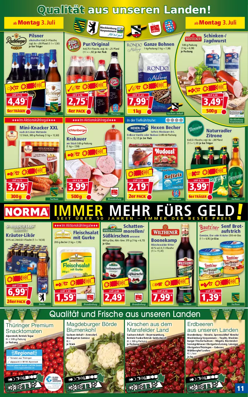 Aktueller Prospekt Norma - Norma - von 03.07 bis 10.07.2023 - strona 11 - produkty: alkohol, auer, aufstrich, Becher, beere, beeren, blume, blumen, blumenkohl, bohne, bohnen, brot, brotaufstrich, burger, eier, eis, elle, erdbeere, erdbeeren, flasche, fleisch, fleischsalat, Garten, gin, gurke, jagdwurst, kirsch, kirsche, kirschen, knacker, krakauer, kräuter, kühlregal, likör, Mett, metten, morellen, natur, Nudossi, obst, obstgarten, oder kräuter, pils, pilsner, radler, regal, reis, rel, ring, sac, salat, schattenmorellen, schinken, senf, snack, spreewaldhof, Ti, tiefpreis, tomate, tomaten, vanille, wurst, zitrone