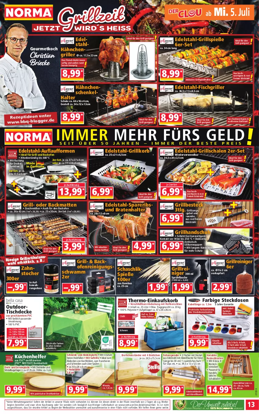 Aktueller Prospekt Norma - Norma - von 03.07 bis 10.07.2023 - strona 13 - produkty: Aufbewahrungsdose, Backmatte, backofen, bambus, Bebe, besteck, bestecke, braten, Brei, Brettchen, brie, decke, Deckel, edelstahl, einkaufskorb, Einteiler, eis, elle, fisch, flasche, fleisch, gabel, gin, grill, Grillreiniger, Grillschalen, Grillspieße, grillzange, hähnchenschenkel, henkel, Holz, ideal für grill, kochfeld, korb, küche, Küchen, Küchenhelfer, Kugel, latte, LG, Ofen, reiniger, Reinigung, rezept, Ria, rum, rwe, saft, Schal, Schale, schenkel, schubladen, schwamm, spareribs, sprühflasche, Spülen, steckdose, teller, Ti, tisch, tischdecke