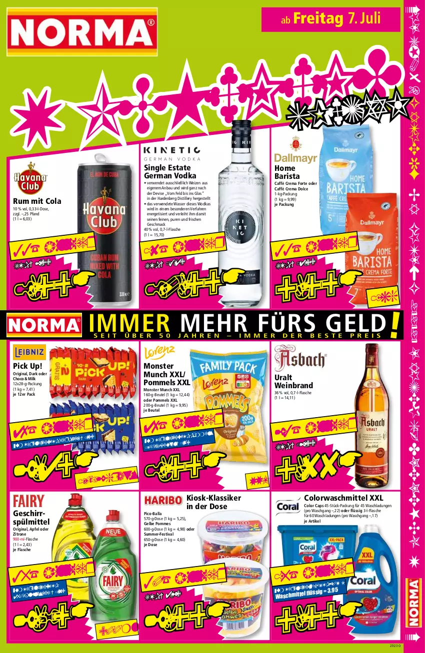 Aktueller Prospekt Norma - Norma - von 03.07 bis 10.07.2023 - strona 15 - produkty: apfel, ball, Bau, beutel, caffè crema, Cap, cola, colorwaschmittel, flasche, Germ, geschirr, geschirrspülmittel, gin, mac, monster, Pick Up!, Pommels, pommes, rum, rwe, spülmittel, Ti, vodka, waschmittel, wasser, wein, weinbrand, wodka, zitrone