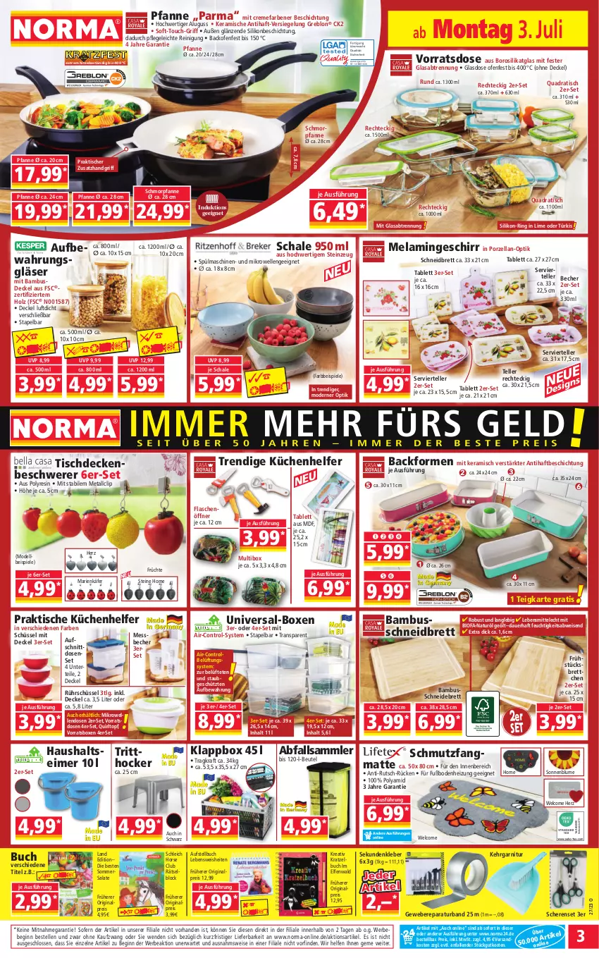 Aktueller Prospekt Norma - Norma - von 03.07 bis 10.07.2023 - strona 3 - produkty: auer, Backform, backofen, bambus, Bebe, Becher, beutel, bio, blume, Brettchen, buch, creme, decke, Deckel, dell, eimer, eis, elle, flasche, flaschenöffner, früchte, garnitur, geschirr, gin, Gläser, hocker, Holz, K2, käfer, Kehrgarnitur, Klappbox, kleber, kraft, küche, Küchen, Küchenhelfer, lebensmittel, LG, Messbecher, mikrowelle, Mode, natur, ndk, Ofen, pfanne, quad, Reinigung, reis, ring, Rührschüssel, salat, salate, Schal, Schale, Schere, Schleich, schmorpfanne, schneidebrett, schüssel, sonnenblume, Spiele, spülmaschinen, tablet, tablett, teller, Ti, tisch, tischdecke, topf, weber, ZTE