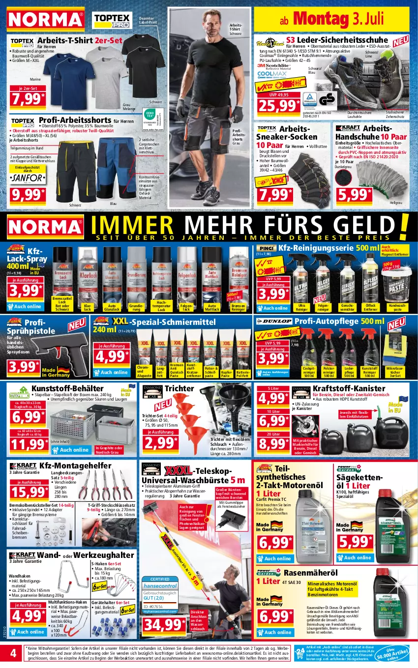 Aktueller Prospekt Norma - Norma - von 03.07 bis 10.07.2023 - strona 4 - produkty: adapter, arla, asti, auto, batterie, Bau, baumwolle, Bebe, Behälter, bürste, bürsten, Diesel, eis, Elan, elle, ente, Fahrrad, felgen, Felgenreiniger, fenster, gin, handschuhe, Hela, HP, Kette, kraft, lack, LG, messer, mikrofaser, Mikrofasertücher, motorenöl, ndk, rasen, rasenmäher, Rauch, reiniger, Reinigung, reis, Ria, rwe, sac, säge, sattel, schlauch, schuhe, shirt, shorts, sneaker, socken, Spezi, Sprühpistole, Steckschlüsselsatz, T-Shirt, Tasche, taschen, tee, Teleskop, teller, Ti, tisch, topf, tücher, wasser, Wasserschlauch, werkzeug, Werkzeughalter, wolle, Zangen, ZTE