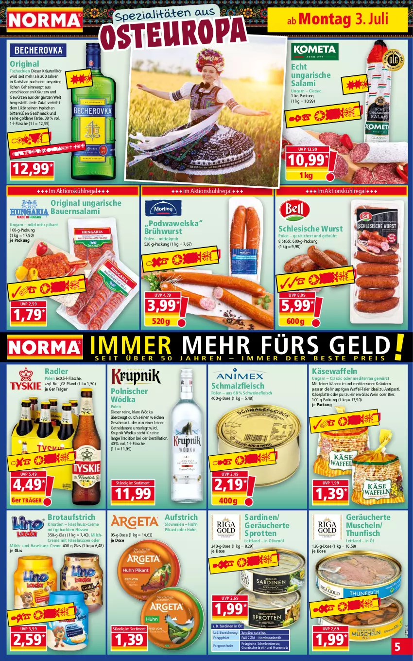 Aktueller Prospekt Norma - Norma - von 03.07 bis 10.07.2023 - strona 5 - produkty: antipasti, asti, auer, aufstrich, Bad, Bau, Bauer, bier, brot, brotaufstrich, Brühwurst, creme, eis, fisch, flasche, fleisch, gewürz, gin, haselnuss, hose, hosen, in olivenöl, Käse, kräuter, kräuterlikör, kräutern, kühlregal, latte, LG, likör, mac, malz, milch, Muscheln, nuss, olive, oliven, olivenöl, radler, regal, rezept, salami, Sardinen, Schmalz, schwein, schweine, schweinefleisch, Spezi, Sprotten, thunfisch, Ti, Ungarische Salami, waffeln, wein, weine, Wels, wurst