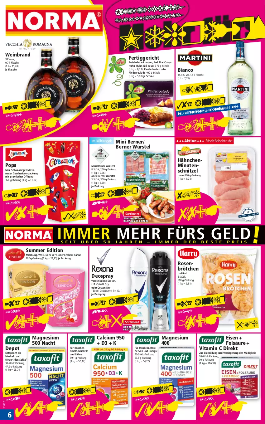 Aktueller Prospekt Norma - Norma - von 03.07 bis 10.07.2023 - strona 6 - produkty: auer, braten, brötchen, Calcium, curry, deo, deospray, eis, fertiggericht, flasche, fleisch, kühlregal, magnesium, magnesium 400, minutenschnitzel, natur, regal, riegel, rind, rinder, Rinderroulade, ring, rosen, sahne, Schal, Schale, schnitzel, schoko, schokoriegel, Ti, tisch, vita, Vitamin C, wein, weinbrand, zwiebel