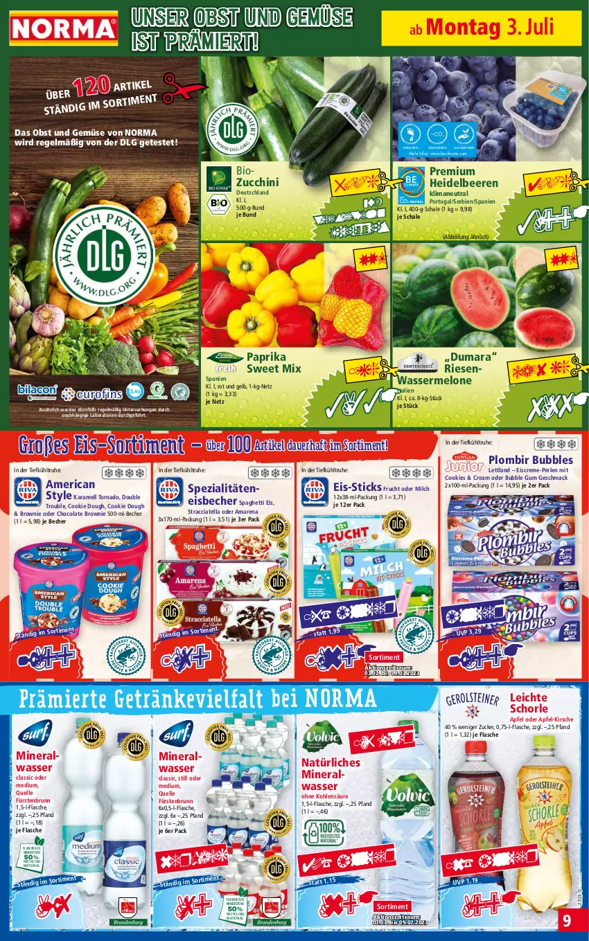 Aktueller Prospekt Norma - Norma - von 03.07 bis 10.07.2023 - strona 9 - produkty: ACC, Alwa, apfel, auer, Becher, beere, beeren, bio, brownie, Clin, cola, cookie, cookie dough, cookies, creme, eis, eisbecher, eiscreme, elle, erde, flasche, frucht, getränk, getränke, heidelbeere, heidelbeeren, karamell, kirsch, kirsche, LG, mac, melone, milch, mineralwasser, Mineralwasser Classic, natürliches mineralwasser, obst, Obst und Gemüse, paprika, perlen, recyclingmaterial, reis, Ria, Schal, Schale, schorle, spaghetti, Spezi, Ti, tiefpreis, und gemüse, wasser, wassermelone, zucchini, zucker