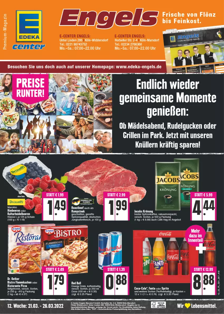 Aktueller Prospekt E Center - Angebote der Woche - von 21.03 bis 26.03.2022 - strona 1 - produkty: angebot, beere, beeren, bett, deka, drink, eis, elle, energy drink, Engel, ente, flammkuchen, fleisch, heidelbeere, heidelbeeren, himbeer, himbeere, himbeeren, jungbullen, kaffee, kuchen, lamm, lebensmittel, LG, magazin, mars, oder rumpsteak, pizza, red bull, reis, reiss, ristorante, ristorante pizza, rum, rumpsteak, Schal, Schale, schnitten, spitzenqualität, steak, teller, Ti