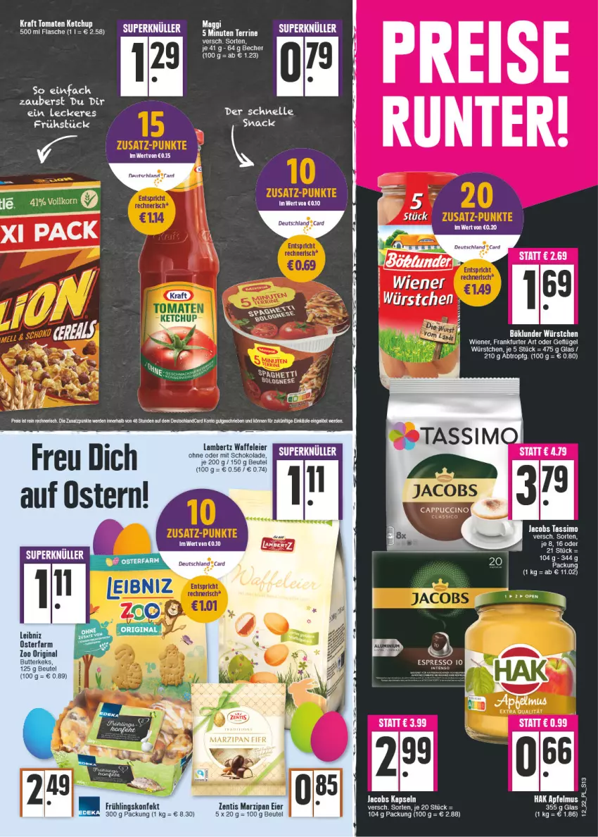 Aktueller Prospekt E Center - Angebote der Woche - von 21.03 bis 26.03.2022 - strona 13 - produkty: Amber, apfel, apfelmus, Becher, beutel, bolognese, butter, butterkeks, eier, elle, espresso, flasche, frankfurter, Geflügel, gin, intenso, jacobs, jacobs tassimo, keks, ketchup, korn, kraft, lambertz, leibniz, marzipan, Maus, pute, schoko, schokolade, sim, snack, tassimo, tee, terrine, Ti, tomate, tomaten, tomaten ketchup, wiener, würstchen, zentis