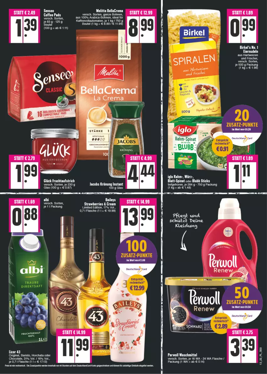 Aktueller Prospekt E Center - Angebote der Woche - von 21.03 bis 26.03.2022 - strona 3 - produkty: Abba, aufstrich, auto, baileys, Bau, bellacrema, bohne, bohnen, cola, deutschland card, deutschlandcard, eier, eiernudeln, eis, erde, flasche, frucht, fruchtaufstrich, gin, hartweizen, jacobs, jacobs krönung, kaffee, kaffeevollautomat, kaffeevollautomaten, kleid, Kleidung, mac, melitta, nudel, nudeln, nuss, reis, senseo, tee, Ti, tomate, tomaten, vollautomaten, walser