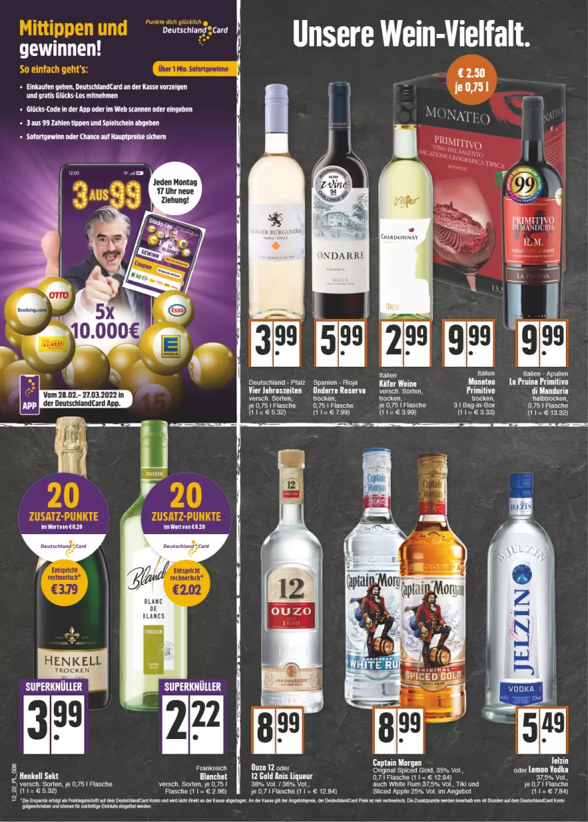 Aktueller Prospekt E Center - Angebote der Woche - von 21.03 bis 26.03.2022 - strona 8 - produkty: angebot, angebotspreis, Apple, bag-in-box, Cap, captain morgan, deutschland card, deutschlandcard, eis, erde, flasche, henkel, henkell, henkell sekt, HP, jelzin, LG, liqueur, primitivo, reis, Ria, rioja, rum, sekt, tee, Ti, uhr, wein, white rum