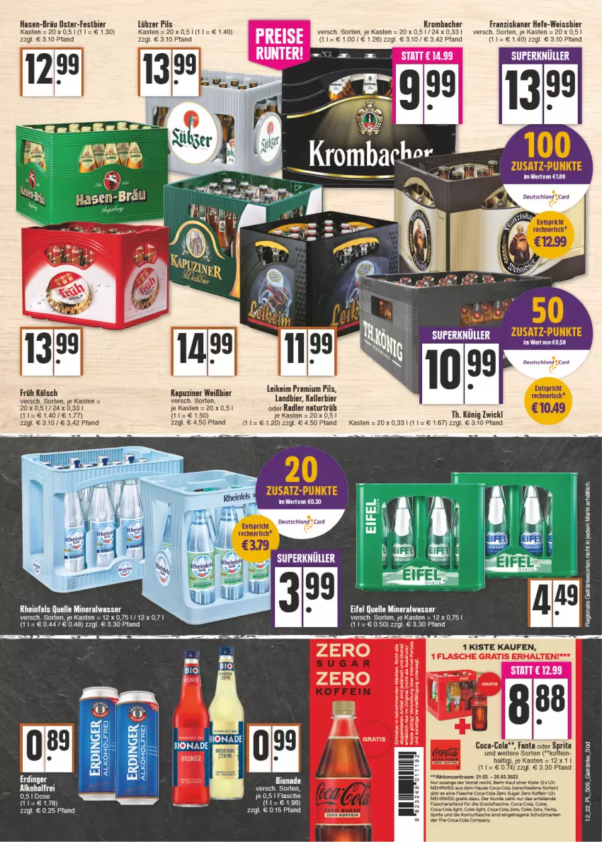 Aktueller Prospekt E Center - Angebote der Woche - von 21.03 bis 26.03.2022 - strona 9 - produkty: Alwa, bier, bio, bionade, coca-cola, cola, eis, elle, fanta, fanta oder, fanta oder sprite, flasche, franziskaner, Früh Kölsch, getränk, getränke, Hefe, kellerbier, krombache, krombacher, Lübzer, mineralwasser, natur, oder radler, oder sprite, pils, premium pils, radler, rheinfels quelle, rwe, sprite, tee, Ti, wasser, weissbier, WICK