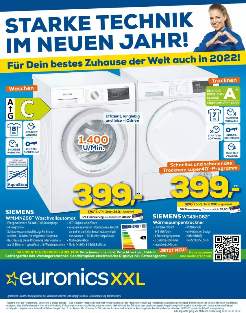 Aktueller Prospekt Euronics - Prospekte - von 12.01 bis 19.01.2022 - strona 1 - produkty: angebot, auto, eis, Elektro, geschirr, geschirrspüler, ilag, Kinder, lays, LG, Rauch, reis, rel, siemens, sim, spee, Ti, Trockner, wärmepumpentrockner, waschmaschine, waschmaschinen, waschtrockner, waschvollautomat, wein