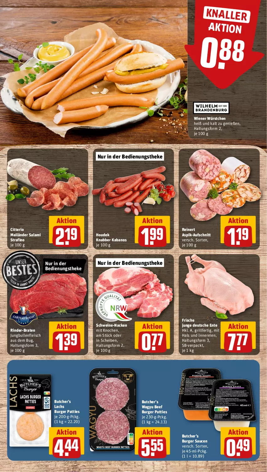 Aktueller Prospekt Rewe - Prospekte - von 09.10 bis 14.10.2023 - strona 10 - produkty: aufschnitt, beef, braten, burger, Burger Sauce, eis, ente, fleisch, grill, houdek, jungbullen, kabanos, lachs, reinert, rind, rinder, salami, sauce, saucen, schwein, schweine, Ti, wein, weine, wiener, wiener würstchen, würstchen