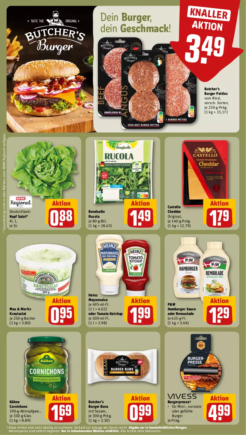 Aktueller Prospekt Rewe - Prospekte - von 09.10 bis 14.10.2023 - strona 15 - produkty: aktionspreis, alle artikel ohne dekoration, Becher, bonduelle, burger, burger buns, Burger Sauce, cheddar, cola, dekoration, eis, elle, gin, hamburger, heinz, ketchup, Kraut, krautsalat, Kühne, mac, mayonnaise, reis, remoulade, rind, rucola, salat, sauce, sesam, Ti, tomato ketchup, Yo