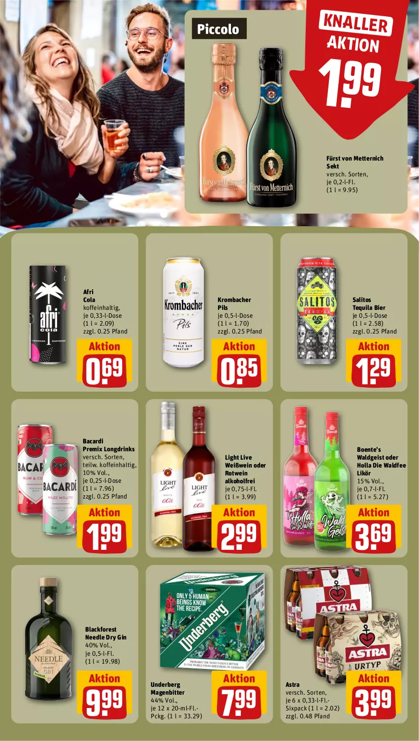 Aktueller Prospekt Rewe - Prospekte - von 09.10 bis 14.10.2023 - strona 17 - produkty: Afri Cola, alkohol, Astra, bacardi, bier, cola, drink, drinks, dry gin, eis, ente, fürst von metternich, gin, krombache, krombacher, krombacher pils, lack, likör, Mett, metternich, pils, rotwein, sekt, tequila, Ti, underberg, wein, Weißwein