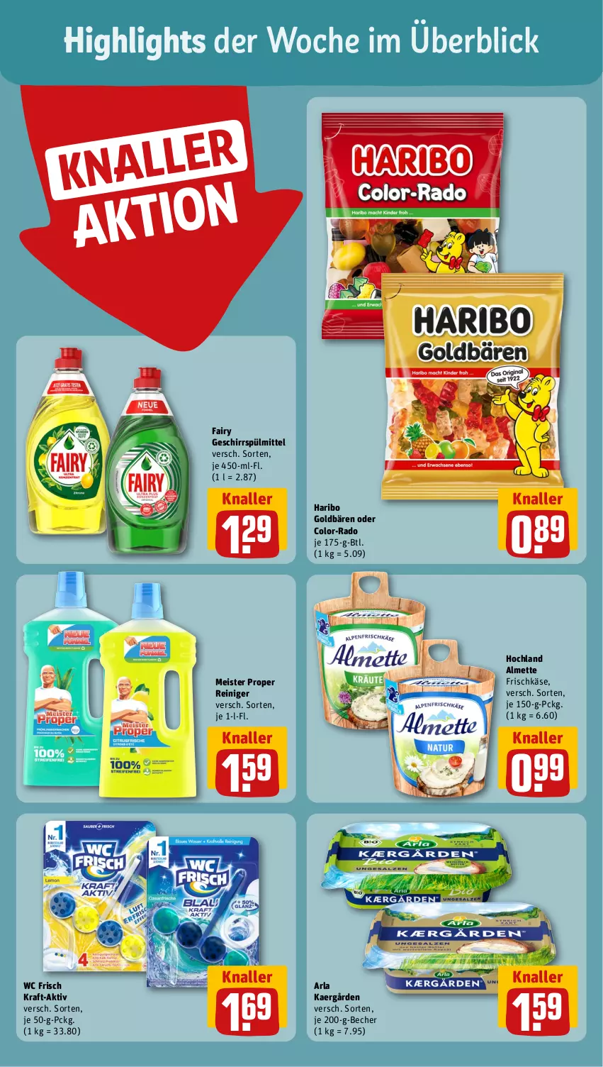 Aktueller Prospekt Rewe - Prospekte - von 09.10 bis 14.10.2023 - strona 2 - produkty: almette, arla, Becher, eis, fairy, frischkäse, geschirr, geschirrspülmittel, goldbären, haribo, hochland, Käse, kraft, Meister, meister proper, Mett, reiniger, spülmittel, Ti, wc frisch