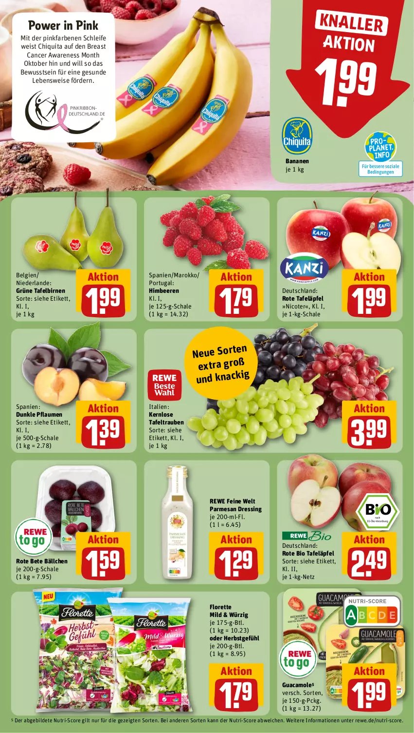 Aktueller Prospekt Rewe - Prospekte - von 09.10 bis 14.10.2023 - strona 8 - produkty: banane, bananen, beere, beeren, bio, Birnen, chiquita, dressing, eis, florette, guacamole, himbeer, himbeere, himbeeren, LG, pflaume, pflaumen, rewe feine welt, rote bete, rote tafeläpfel, Schal, Schale, tafeläpfel, tafelbirnen, tafeltrauben, Ti, trauben