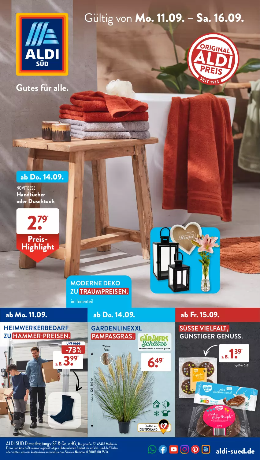 Aktueller Prospekt AldiSud - IN ZWEI WOCHEN - von 11.09 bis 16.09.2023 - strona 1 - produkty: aldi, auto, duschtuch, eis, ente, hammer-preis, handtücher, Linex, Mode, nuss, pflanze, pflanzen, reis, Ti, tuc, tücher