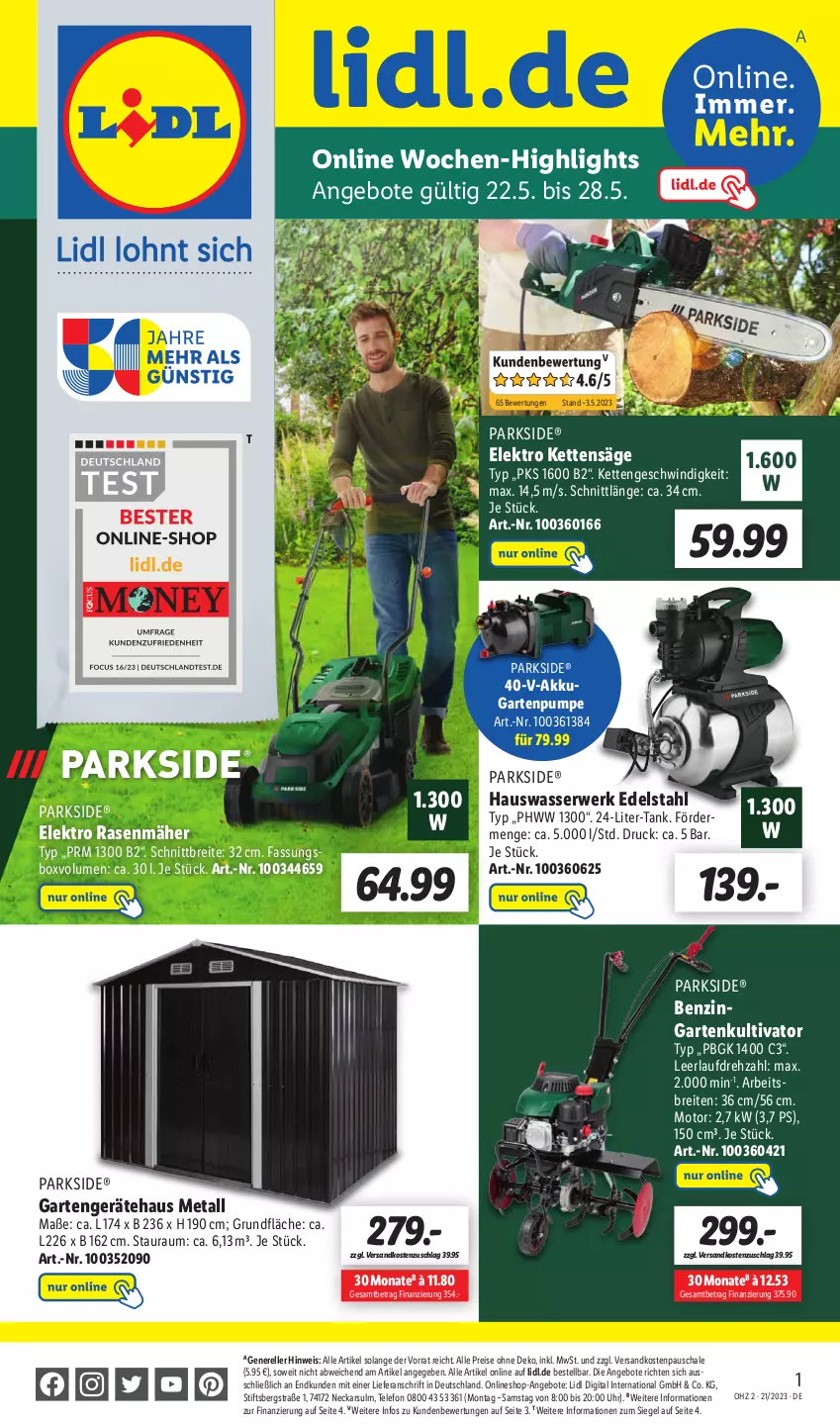 Aktueller Prospekt Lidl - Wochen-Highlights im Onlineshop - von 22.05 bis 28.05.2023 - strona 1 - produkty: akku, angebot, angebote, Brei, edelstahl, eis, Elektro, elle, Garten, Gartenpumpe, Kette, ndk, Parkside, rasen, rasenmäher, reis, rel, rwe, säge, Schal, Schale, telefon, Ti, uhr, wasser