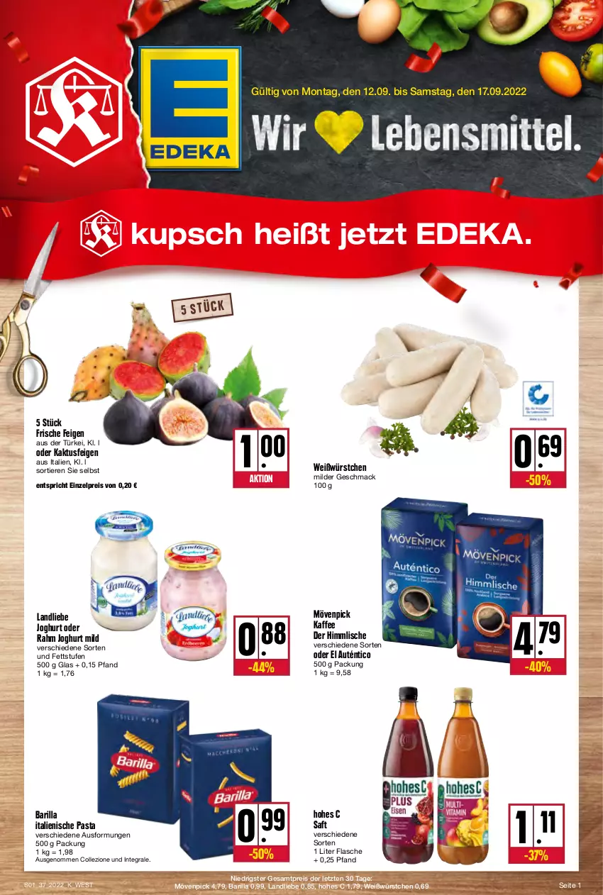 Aktueller Prospekt Kupsch - Angebote der Woche - von 12.09 bis 17.09.2022 - strona 1 - produkty: barilla, deka, eis, Feigen, flasche, Hohes C, italienische pasta, joghur, joghurt, joghurt mild, kaffee, landliebe, landliebe joghurt, mac, mövenpick, mövenpick kaffee, pasta, reis, saft, Ti, Tiere, würstchen, ZTE