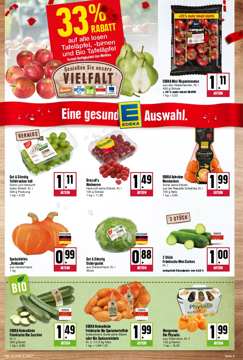 Aktueller Prospekt Kupsch - Angebote der Woche - von 12.09 bis 17.09.2022 - strona 3 - produkty: beere, beeren, bio, deka, eis, eisbergsalat, gurke, gurken, himbeer, himbeere, himbeeren, kartoffel, kartoffeln, Kürbis, mandarine, mandarinen, Physalis, reis, rispentomaten, salat, Schal, Schale, speisekartoffeln, Speisezwiebeln, tafeltrauben, Ti, tomate, tomaten, trauben, zucchini, zwiebel, zwiebeln