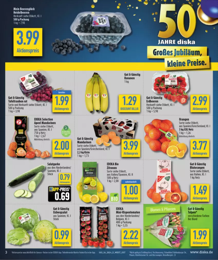 Aktueller Prospekt Diska - von 05.02 bis 10.02.2024 - strona 3 - produkty: aktionspreis, auto, banane, bananen, beere, beeren, bio, Blutorange, burger, deka, discount, edeka bio, eis, eisbergsalat, erdbeere, erdbeeren, gurke, heidelbeere, heidelbeeren, leine, LG, mandarine, mandarinen, mini-rispentomaten, orange, orangen, reis, rispentomaten, salat, Salatgurke, tafeltrauben, Ti, tomate, tomaten, trauben