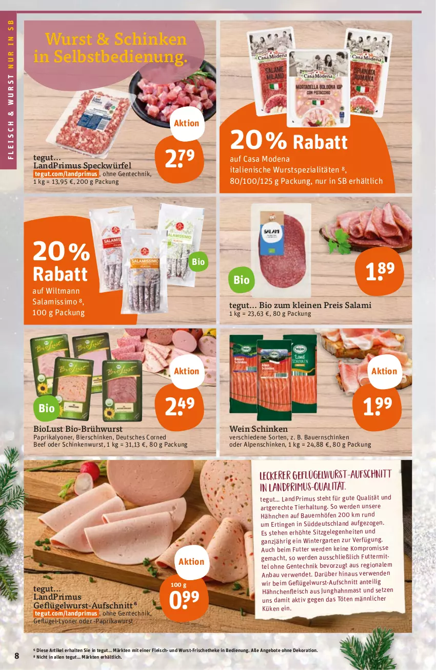 Aktueller Prospekt Tegut - Angebote der Woche - von 21.11 bis 26.11.2022 - strona 10 - produkty: angebot, angebote, auer, aufschnitt, Bau, Bauer, Bauernschinken, beef, bier, bierschinken, bio, Brühwurst, Casa Modena, corned beef, dekoration, eis, ente, erde, fleisch, Garten, Geflügel, Hähnchenfleisch, landprimus, leine, lyoner, mac, Mode, paprika, reis, rwe, salami, schinken, schinkenwurst, sim, Speck, Spezi, Ti, wein, wiltmann, würfel, wurst, Yo