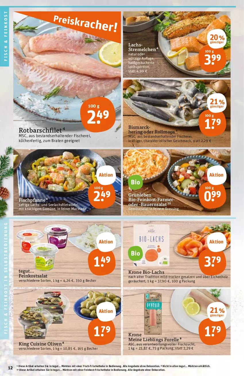 Aktueller Prospekt Tegut - Angebote der Woche - von 21.11 bis 26.11.2022 - strona 14 - produkty: angebot, angebote, auer, Bau, Bauer, Bauernsalat, Becher, bio, bismarck, braten, dekoration, dressing, elle, feinkost, filet, fisch, fische, Fischer, forelle, hering, Holz, HP, krone, küche, Küchen, lachs, lachsfilet, mac, marinade, natur, olive, oliven, pfanne, rel, ring, Rotbarsch, rotbarschfilet, saft, salat, salz, Schere, seelachsfilet, Sport, tender, Ti, tisch, würfel