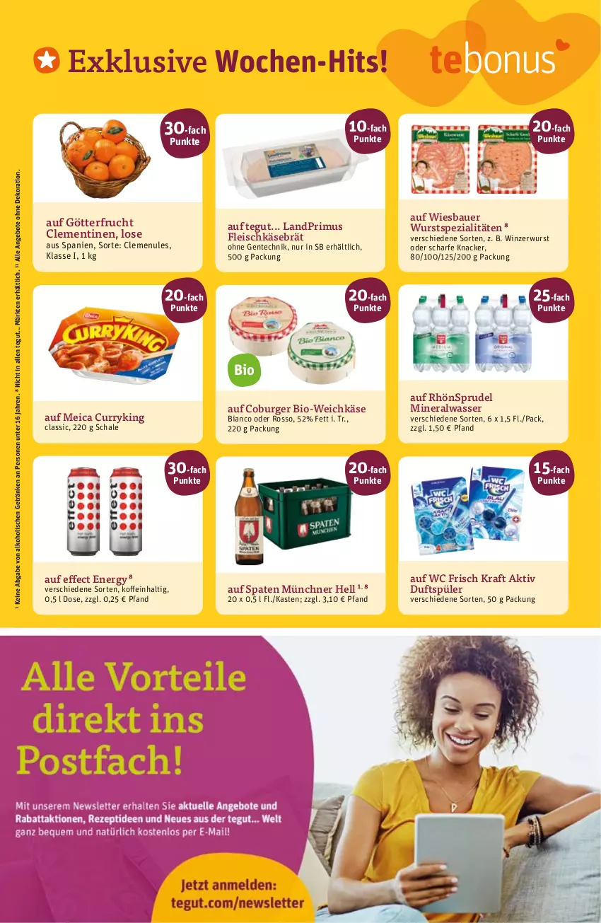 Aktueller Prospekt Tegut - Angebote der Woche - von 21.11 bis 26.11.2022 - strona 16 - produkty: alkohol, Alwa, angebot, angebote, auer, Bau, Bauer, bio, burger, clementinen, curry, dekoration, Effect, eis, ente, fleisch, fleischkäse, frucht, getränk, getränke, Käse, knacker, kraft, landprimus, meica, mineralwasser, RhönSprudel, Schal, Schale, Spaten, Spezi, Sprudel, Ti, wasser, wc frisch, WC Frisch Kraft Aktiv, weichkäse, wiesbauer, Winzerwurst, wurst