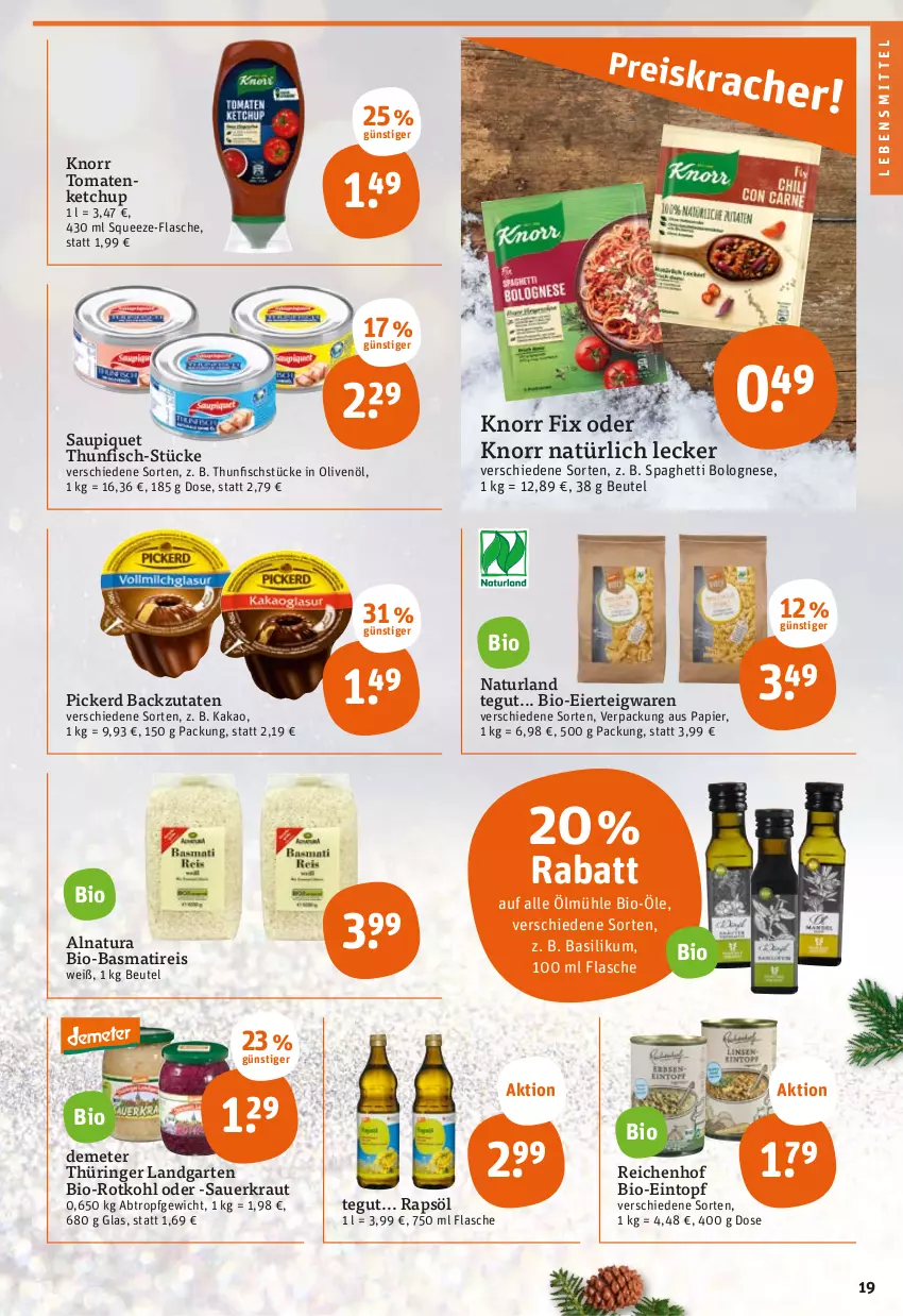 Aktueller Prospekt Tegut - Angebote der Woche - von 21.11 bis 26.11.2022 - strona 21 - produkty: auer, basilikum, basmati, beutel, bio, bolognese, eier, eintopf, eis, fisch, flasche, Garten, in olivenöl, kakao, ketchup, knorr, knorr fix, Kraut, lebensmittel, natur, natura, naturland, olive, oliven, olivenöl, papier, rapsöl, reis, ring, rotkohl, Sauerkraut, saupiquet, spaghetti, spaghetti bolognese, teigwaren, thunfisch, Ti, tomate, tomaten, tomatenketchup, topf