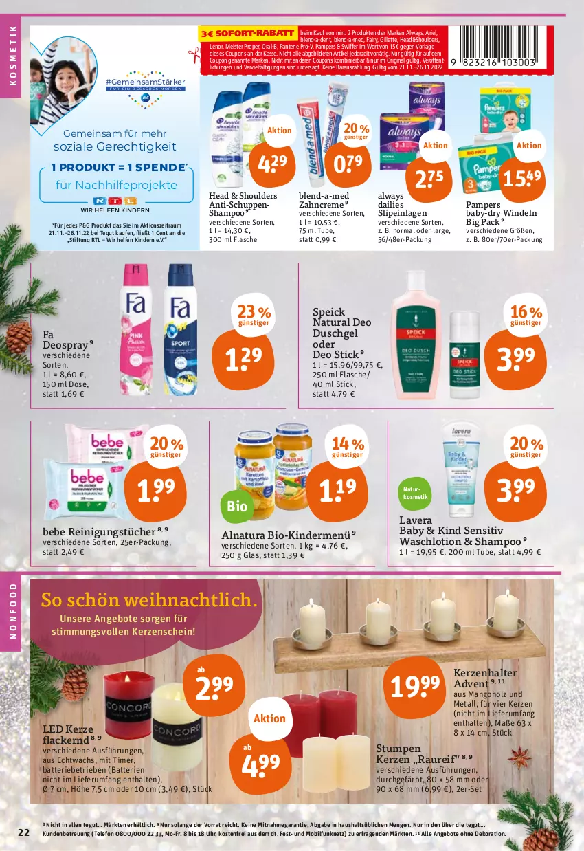 Aktueller Prospekt Tegut - Angebote der Woche - von 21.11 bis 26.11.2022 - strona 24 - produkty: Alwa, Always, angebot, angebote, ariel, baby-dry, batterie, batterien, Bebe, bio, blend-a-med, coupon, coupons, creme, dailies, dekoration, deo, deospray, duschgel, eis, fairy, flasche, gillette, gin, Holz, kerze, Kerzenhalter, Kinder, kosmetik, lack, Lacke, lavera, lenor, Lotion, mango, Meister, meister proper, natur, natura, naturkosmetik, oral-b, pampers, pantene, pantene pro-v, pro-v, Reinigung, reinigungstücher, rum, shampoo, slip, slipeinlagen, sofort-rabatt, Speick, swiffer, telefon, Ti, timer, tücher, uhr, Waschlotion, windeln, zahncreme