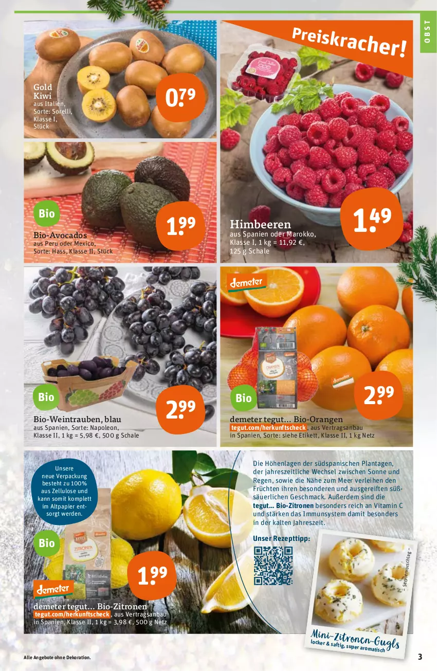 Aktueller Prospekt Tegut - Angebote der Woche - von 21.11 bis 26.11.2022 - strona 5 - produkty: angebot, angebote, avocado, avocados, Bau, beere, beeren, bio, Bio-Wein, bio-zitronen, dekoration, erde, früchte, früchten, himbeer, himbeere, himbeeren, kiwi, mac, obst, orange, orangen, papier, rel, rezept, Schal, Schale, Ti, tisch, trauben, vita, Vitamin C, wein, zitrone, zitronen