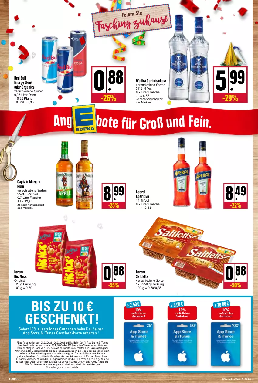 Aktueller Prospekt Kupsch - Angebote der Woche - von 21.02 bis 26.02.2022 - strona 2 - produkty: angebot, aperol, Apple, auto, Cap, captain morgan, drink, energy drink, erde, flasche, gin, Gorbatschow, lorenz, red bull, rum, rwe, saltletts, Ti, tisch, usb, wodka