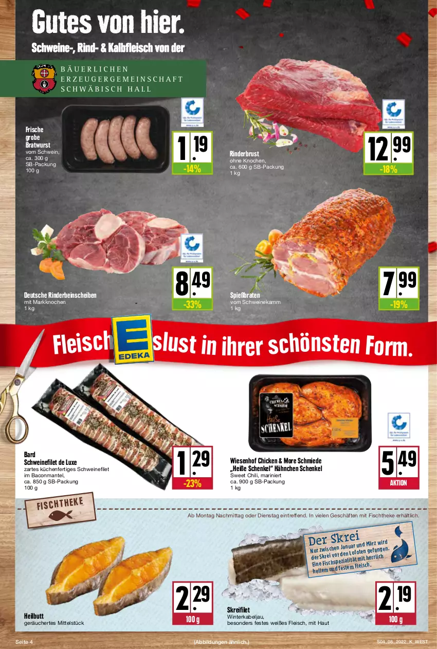 Aktueller Prospekt Kupsch - Angebote der Woche - von 21.02 bis 26.02.2022 - strona 4 - produkty: bacon, braten, bratwurst, chili, eis, filet, fisch, fischtheke, fleisch, grobe bratwurst, henkel, Kalbfleisch, küche, Küchen, Mantel, rind, rinder, schenkel, schwein, schweine, schweinefilet, Ti, wein, weine, wiesenhof, wurst