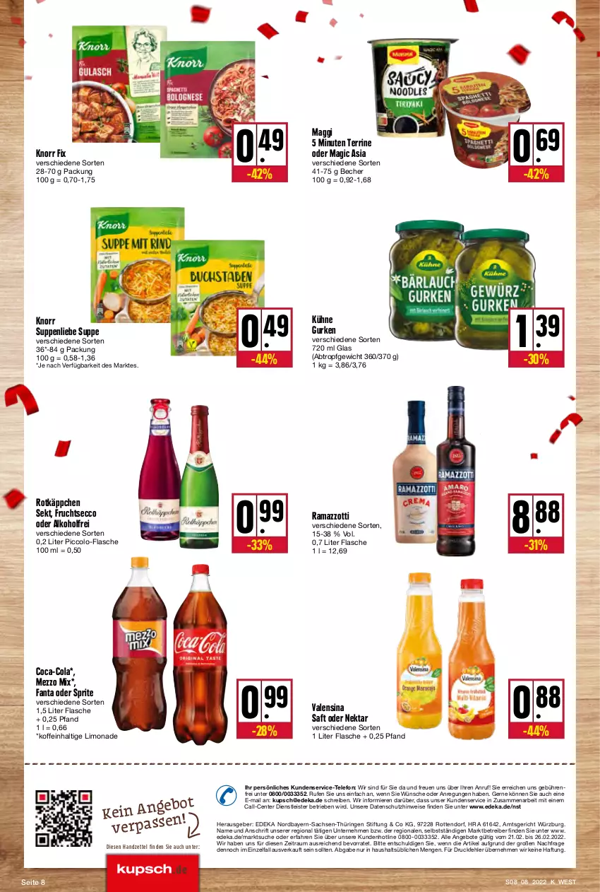 Aktueller Prospekt Kupsch - Angebote der Woche - von 21.02 bis 26.02.2022 - strona 8 - produkty: alkohol, angebot, angebote, Becher, coca-cola, cola, deka, ecco, eis, ente, fanta, fanta oder, fanta oder sprite, flasche, frucht, fruchtsecco, gurke, gurken, knorr, knorr fix, Kühne, limo, limonade, maggi, Mezzo Mix, Nektar, oder sprite, rama, ramazzott, ramazzotti, ring, rotkäppchen, sac, saft, sekt, sprite, suppe, suppen, suppenliebe, telefon, terrine, Ti, valensina, zott