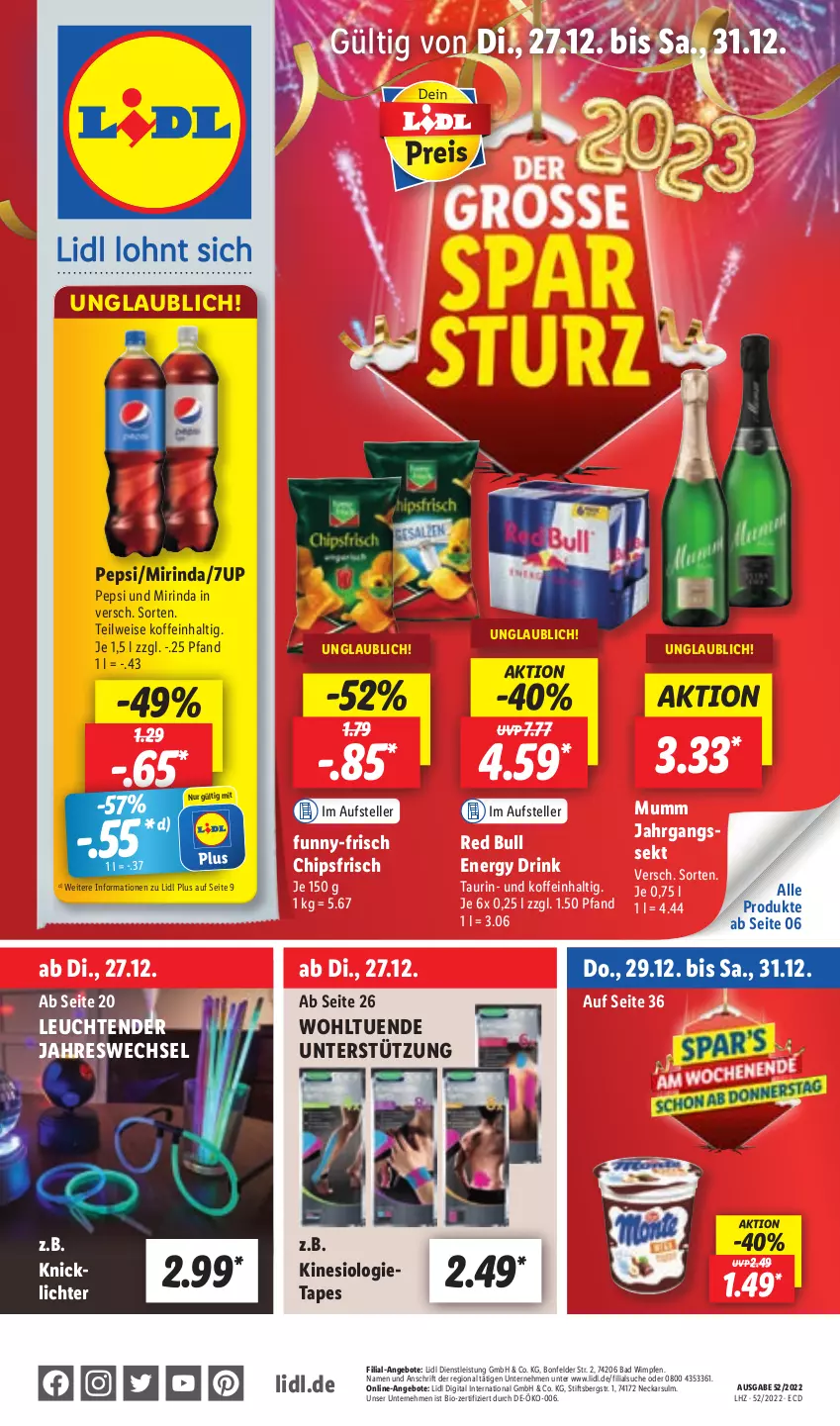 Aktueller Prospekt Lidl - Aktionsprospekt - von 27.12 bis 31.12.2022 - strona 1 - produkty: 7UP, angebot, angebote, Bad, bio, chips, chipsfrisch, drink, eis, elle, energy drink, Leuchte, leuchten, Mirinda, mumm, pepsi, red bull, rind, sekt, teller, tender, Ti