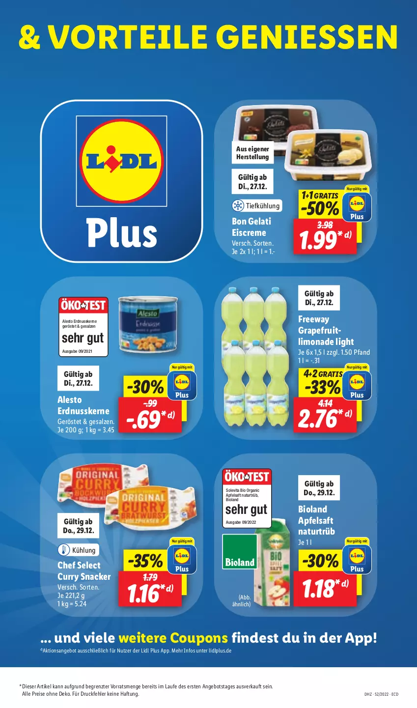 Aktueller Prospekt Lidl - Aktionsprospekt - von 27.12 bis 31.12.2022 - strona 11 - produkty: alesto, angebot, apfel, apfelsaft, bio, bioland, Bon Gelati, coupon, coupons, creme, curry, eis, eiscreme, erdnuss, grapefruit, limo, limonade, natur, nuss, reis, saft, salz, snack, Ti, vita, ZTE