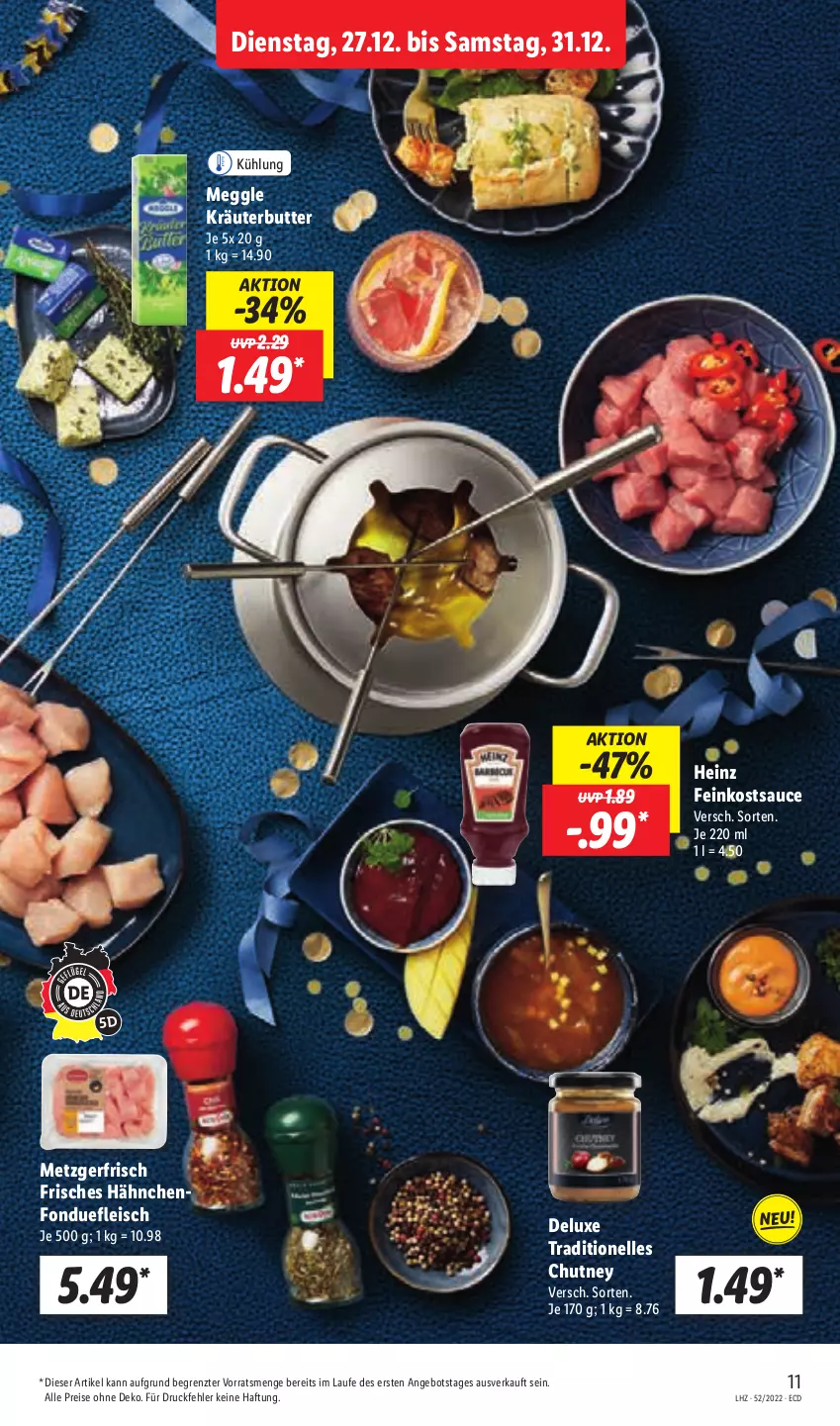 Aktueller Prospekt Lidl - Aktionsprospekt - von 27.12 bis 31.12.2022 - strona 13 - produkty: angebot, butter, eis, elle, feinkost, fleisch, Fondue, heinz, kräuter, kräuterbutter, meggle, reis, sauce, Ti, ZTE