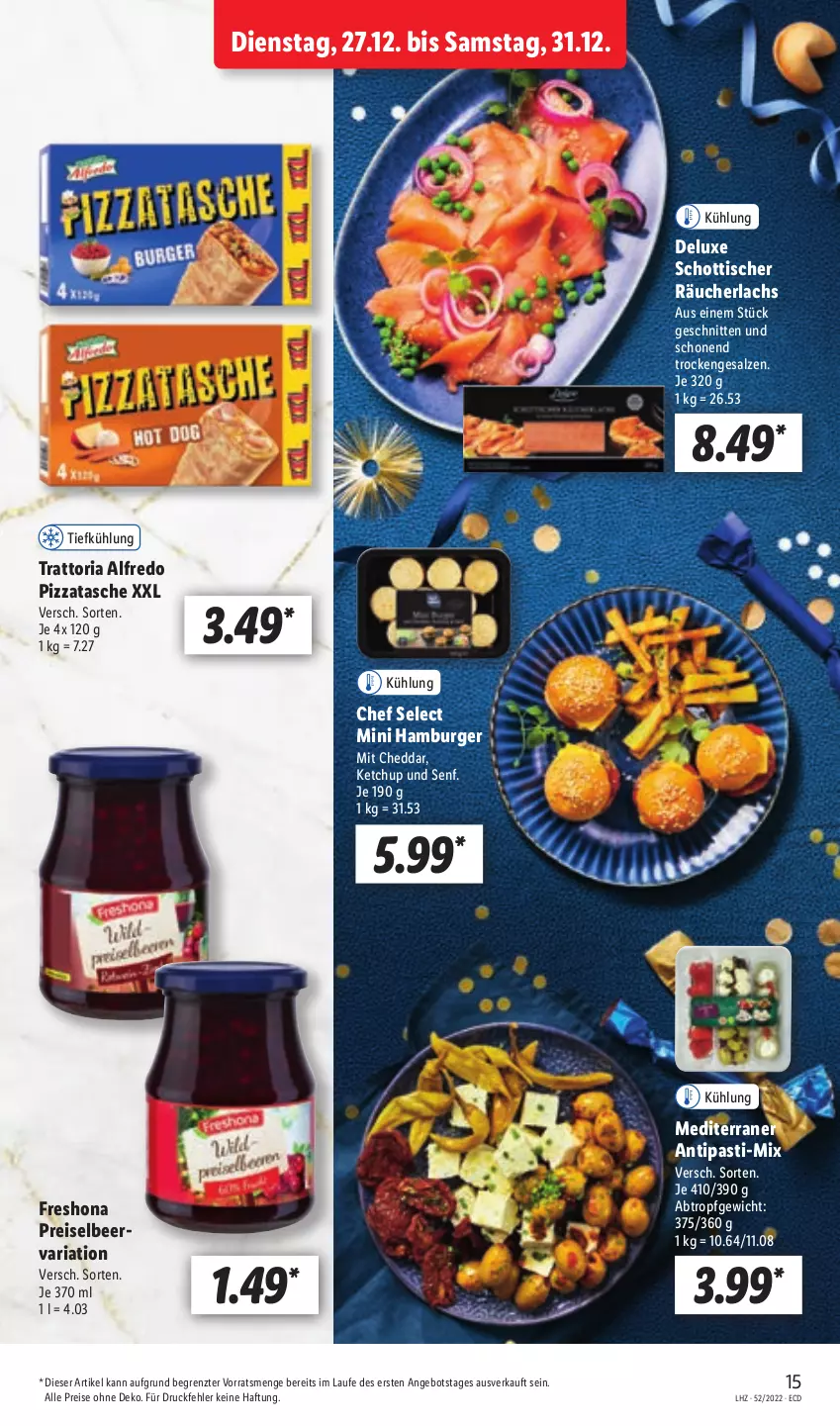 Aktueller Prospekt Lidl - Aktionsprospekt - von 27.12 bis 31.12.2022 - strona 17 - produkty: angebot, antipasti, asti, burger, cheddar, eis, hamburger, ketchup, lachs, pizza, Räucherlachs, reis, Ria, salz, schnitten, schott, senf, Tasche, Ti, tisch, ZTE